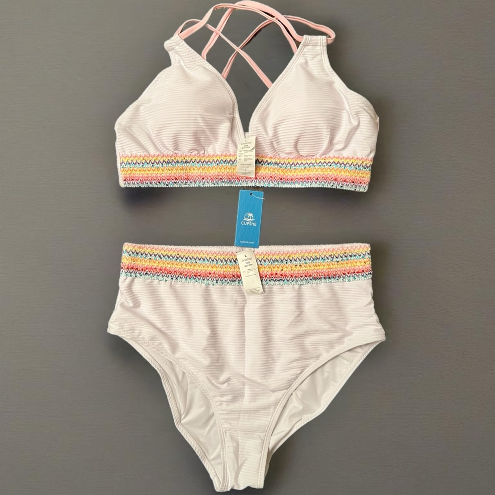 NWT Cupshe White Bikini with Colorful Trim Size Large